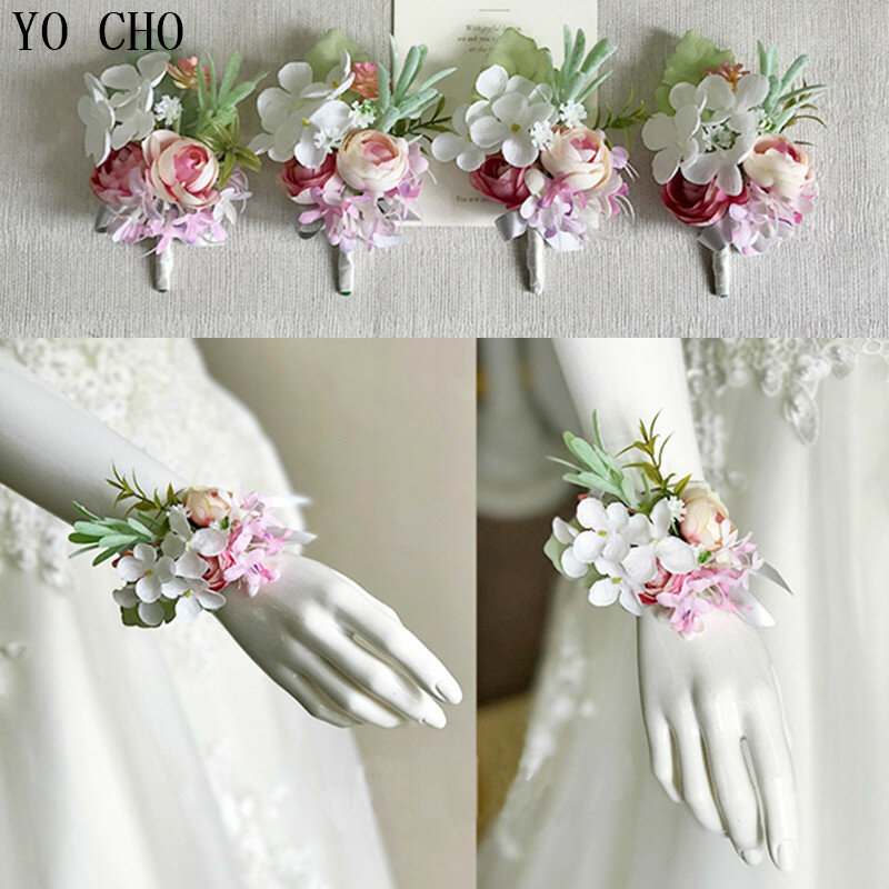Yo Cho Bride Pernikahan Pergelangan Tangan Korsase Groom Boutonniere Pink Buatan Sutra Rose Bunga Gelang Prom Pertemuan Partai Korsase Dekorasi