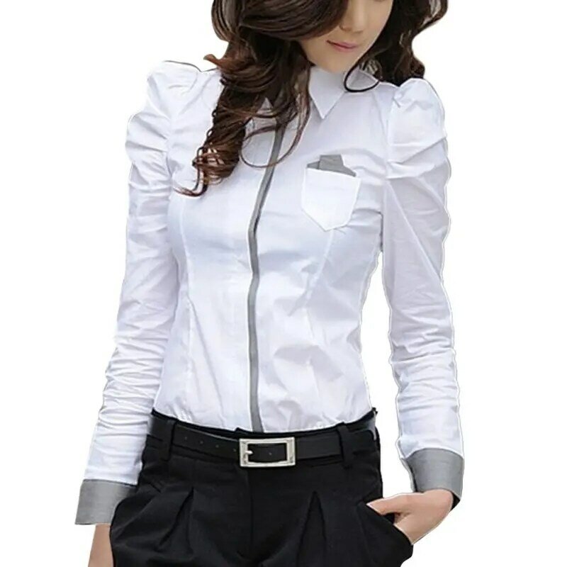 Fashion Elegan Wanita Kantor Formal Tombol Bawah Blusas Kemeja Lengan Panjang Putih Atasan Blus Tee
