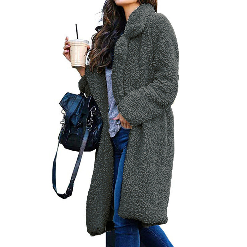 Abrigo de piel sintética para mujer, cárdigan de invierno, Chaqueta larga de terciopelo de cordero con solapa, abrigo de felpa, C55