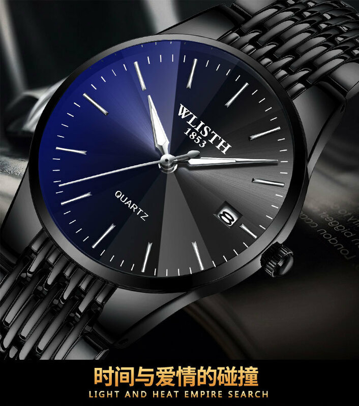 Wlisth Marca De Luxo Mens Full Black Silver Steel Negócios Relógio Homem Quartz Ultra-fino Relógio de Pulso Masculino Relógio Relogio masculino