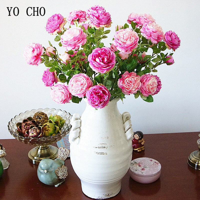 Yo cho-ブライダルブーケ,造花,バラ,牡丹,3つの頭,ホームパーティー,ウエディング,オフィスの装飾,フラワーアレンジメント