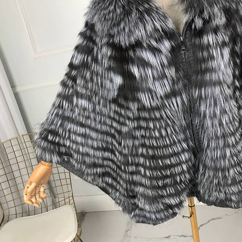 Nyata Bulu Silver Fox Mantel Bulu dengan Batwing Lengan Pendek Medium Jaket Bulu Alami Mantel Fashion Sliver Fox Bulu Selendang