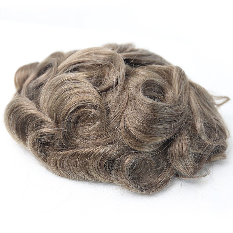 #17 miód blond przystojny ludzki włos Toupees Peruke peruki 100% włosy naturalne wymiana krótki niewielkie fali 7x 9 szwajcarska koronka
