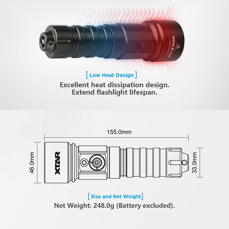 XTAR D26 senter selam LED daya tinggi IP68, daya peringkat tahan air tertinggi dengan 18650 baterai dengan tali tangan