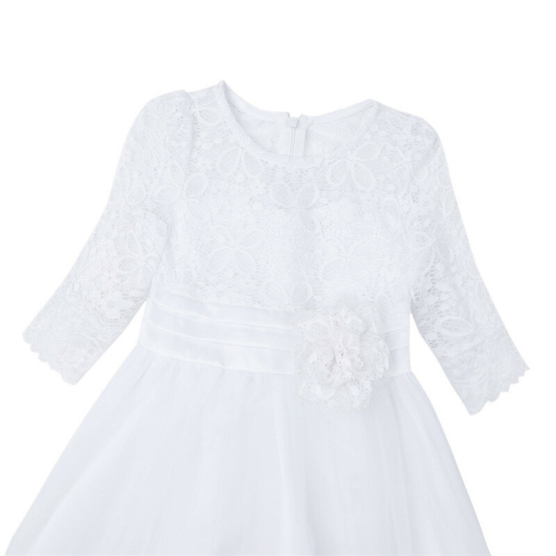 Kids Princess White Lace Flower Girl Dresses Mesh Half Sleeves Tea Length Sash Lace Dresses For Wedding Birthday Party Vestidos