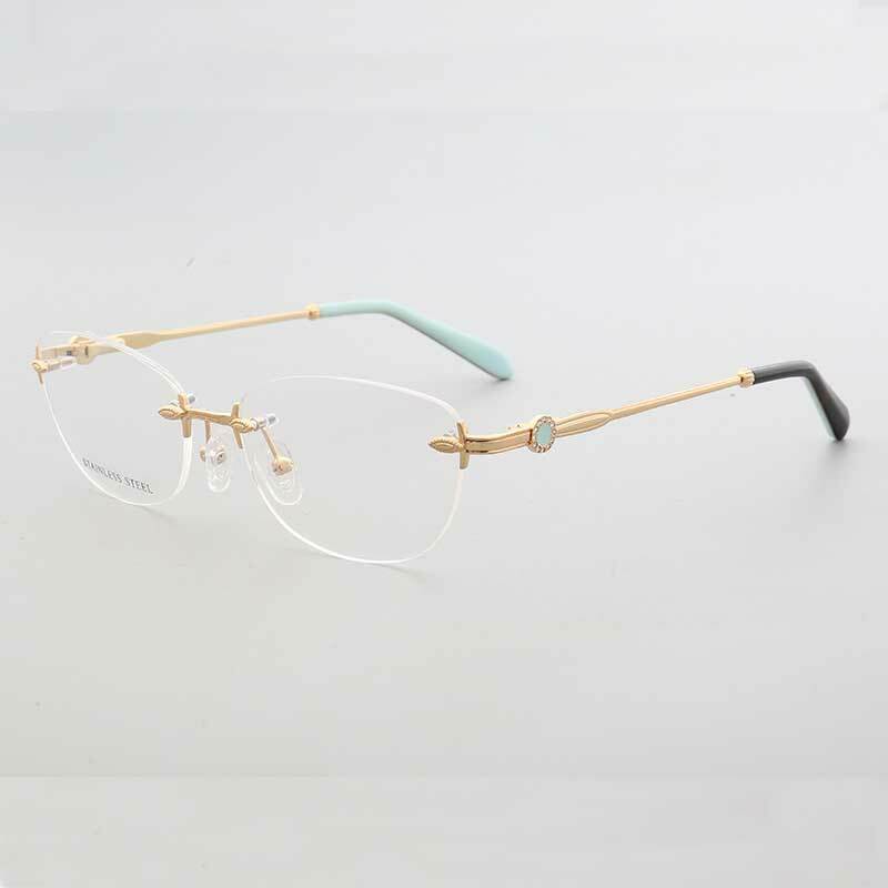 Armações de óculos femininos sem aro, armação de metal quadrada oval em aço inoxidável