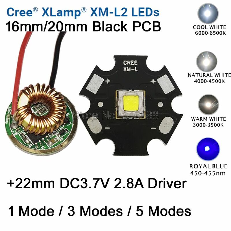 10ワットcree XM-L2 T6 XML2 T6 ledライト20ミリメートル黒pcb白ウォームホワイト昼白色 + 22ミリメートル5モードドライバdiyトーチ懐中電灯