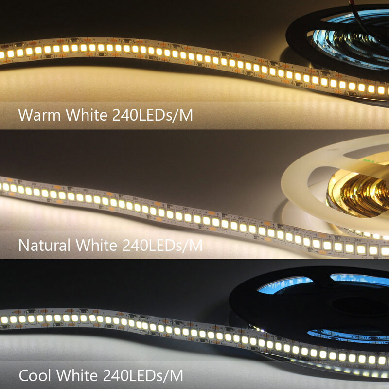 Tira de luces LED de 12V CC SMD 2835, 120LED/M, 1M, 2M, 3M, 4M, 5M, cinta de rayas LED, blanco cálido, 240LED/M, Flexible, iluminación interior del hogar
