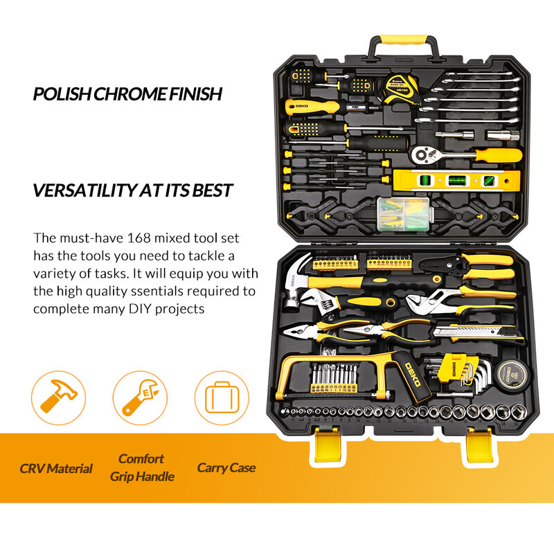 DEKO-Conjunto de herramientas para reparación de coche en el hogar, set de instrumentos de mano mecánicos ara enchufes, salida de fábrica