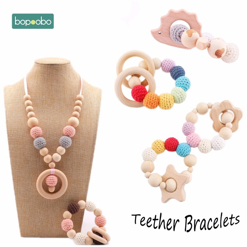 Bopoobo 1set Baby Rattle DIY Jewelry Set Crochet Beads Baby Blending Natural Wooden Beads Silicone Round Geometry Wooden Teether