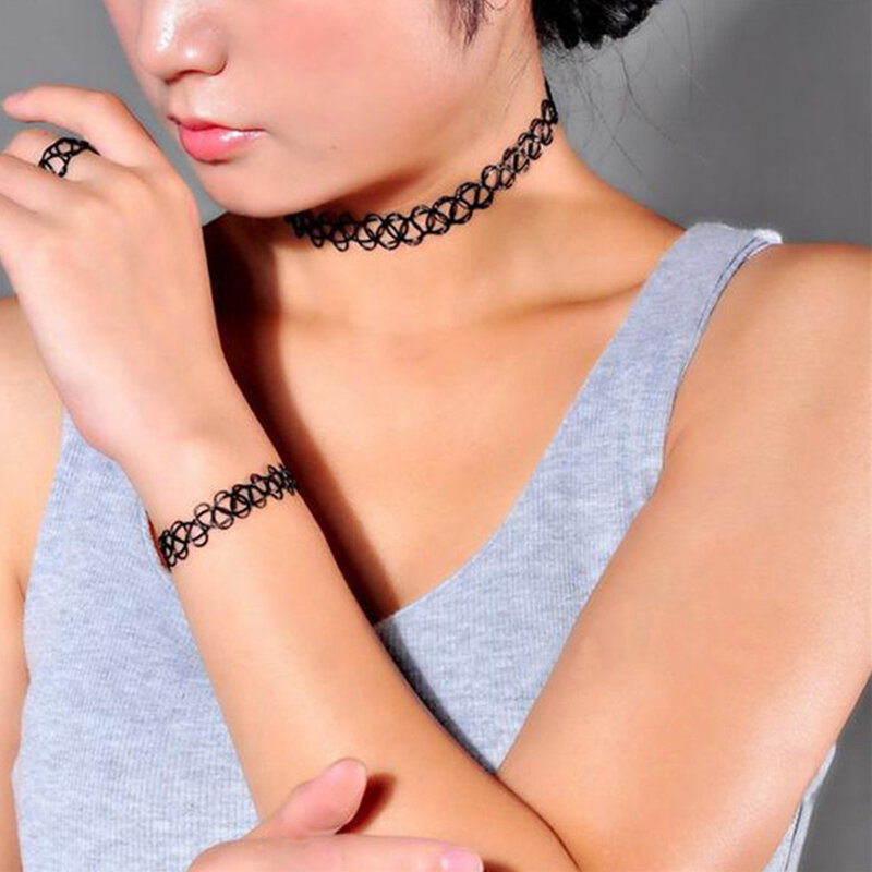 2 pz/lotto Summer Style Girls elastico Vintage Stretch Tattoo Choker collana donna Gothic Punk elastico bracciale anello Set di gioielli