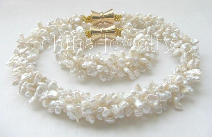 18" & 8" 5row 8mm white baroque keshi reborn freshwater pearl necklace &bracelet