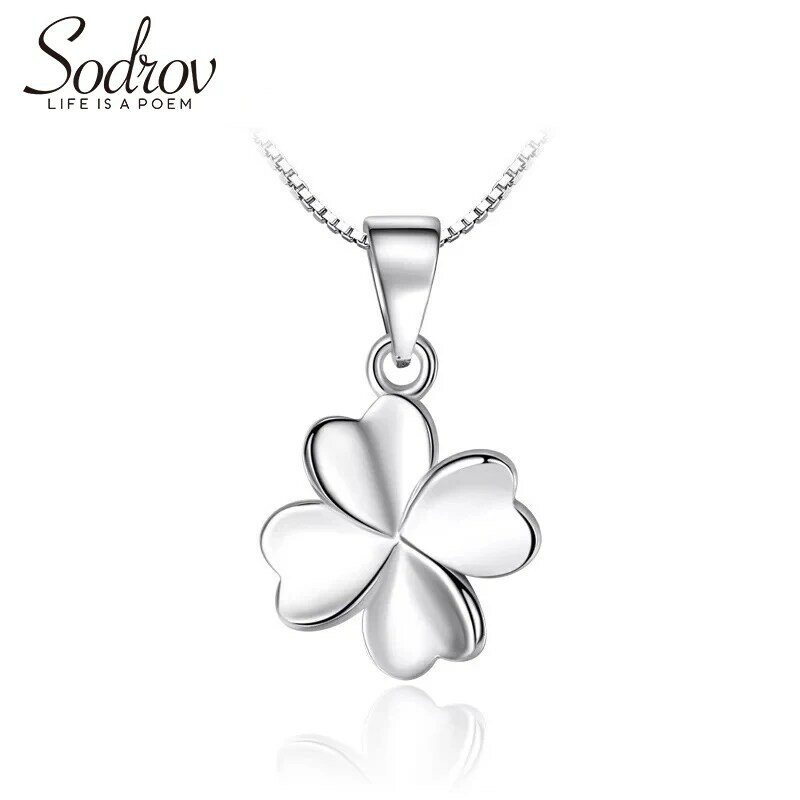 Sodrov Authentic 925 Sterling Silver Four Leaf Clover Charm Necklace Ladies Lucky Jewelry