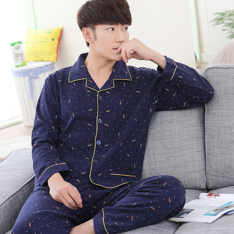 Alta qualidade de manga comprida masculino pijamas algodão engrossar azul escuro pijama homme homem pijamas grandes jardas xxxl casual fato de treino