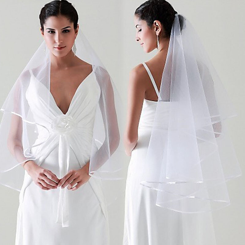 Atacado simples tule véus de casamento duas camadas borda da fita acessórios de noiva branco marfim véus de casamento acessórios ov000