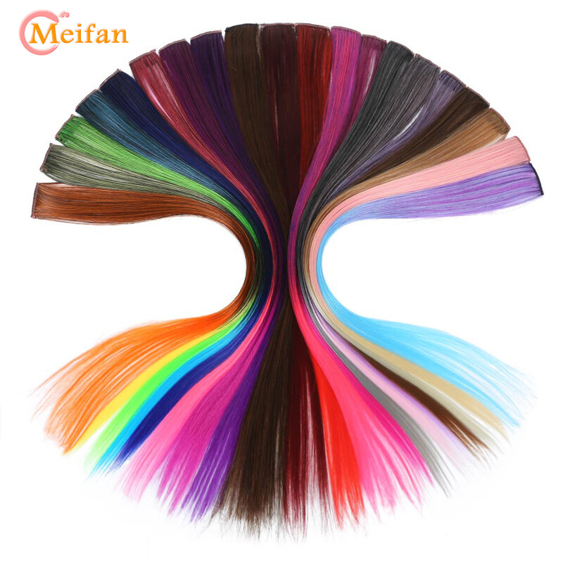 MEIFAN-extensiones de cabello de una pieza para niña, mechones de pelo sintético largo y liso con degradado, pasador con Clip