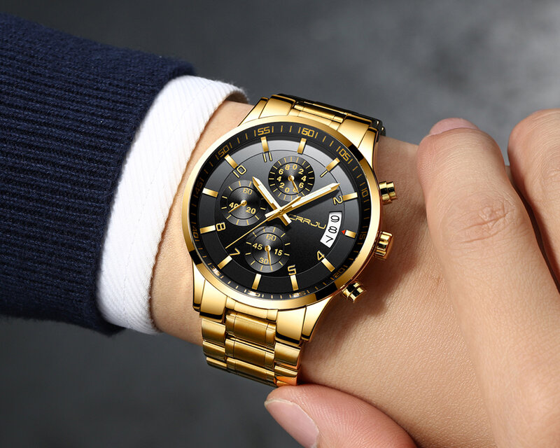 CRRJU-Reloj de pulsera de cuarzo para hombre, cronógrafo resistente al agua, informal, de negocios, de acero completo, color dorado y negro, 2214