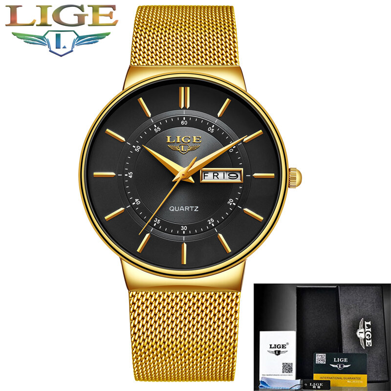 Relogio Masculino 2023 LIGE nuovi orologi da uomo Top Brand Luxury Ultra Thin Quartz Watch Men Steel Mesh Strap orologio impermeabile in oro