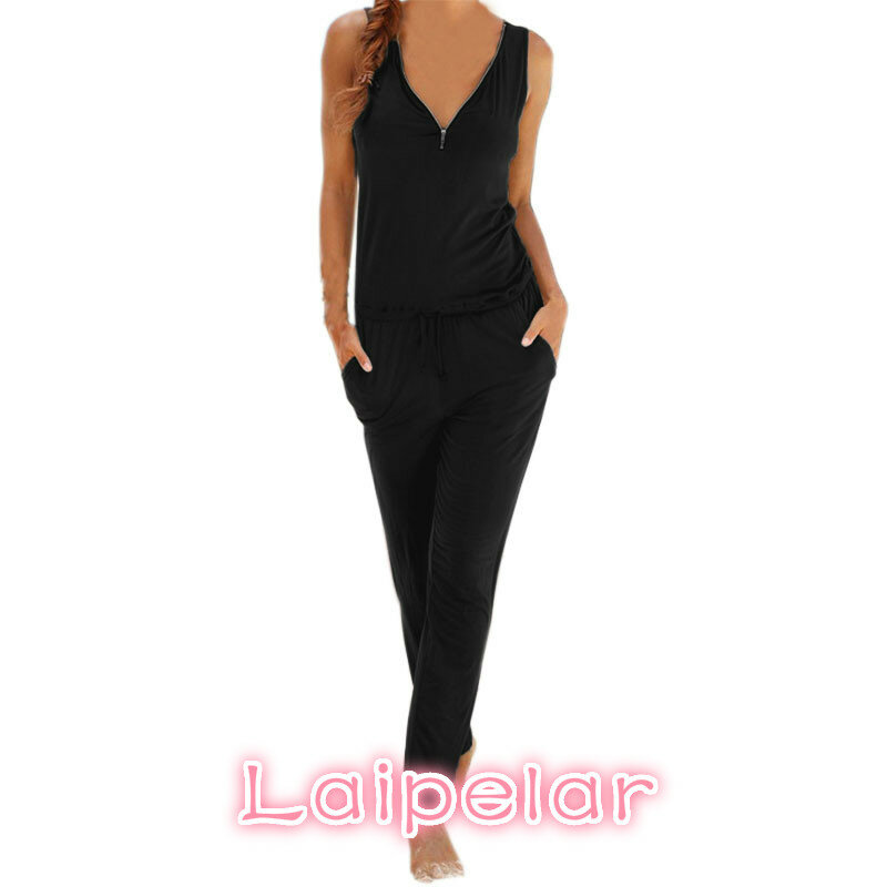 Sexy Sleeveless Overalls Outfits V-Neck Beach Summer Women Fashion Jumpsuits Long Overalls Jumpsuit   Plus Size LX341