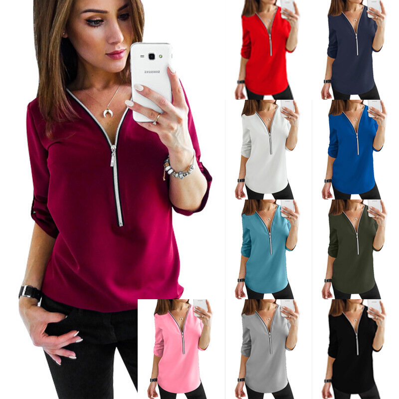 5XL ผู้หญิงเสื้อชีฟอง 2019 Deep V คอซิปม้วนแขนยาว blusas ฤดูร้อนเสื้อ Feminina Camisetas Plus ขนาด