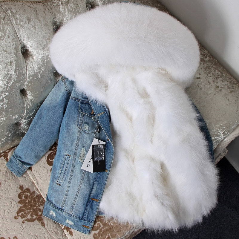 Maomaokong giacca di jeans giacca foderata in pelliccia di volpe naturale giacca da donna cappotti invernali da donna 2020 cappotto di pelliccia da donna