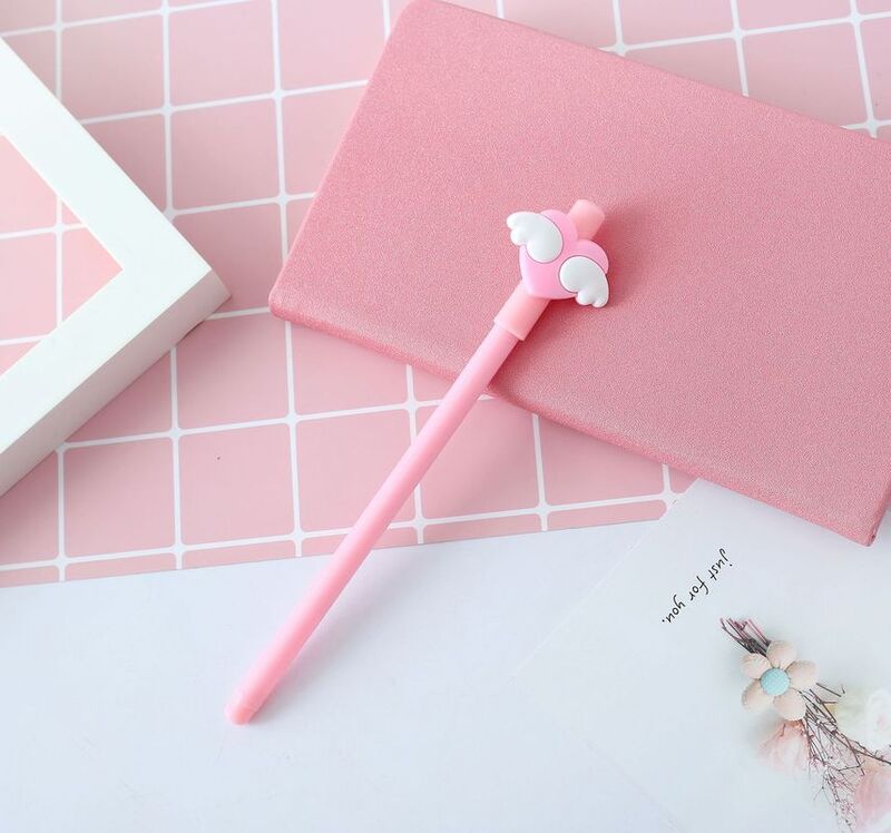Bolígrafo neutro negro con alas encantadoras para niña rosa, suministros de aprendizaje de firma de oficina para estudiantes, suministros escolares Kawaii para escribir, 1 ud.