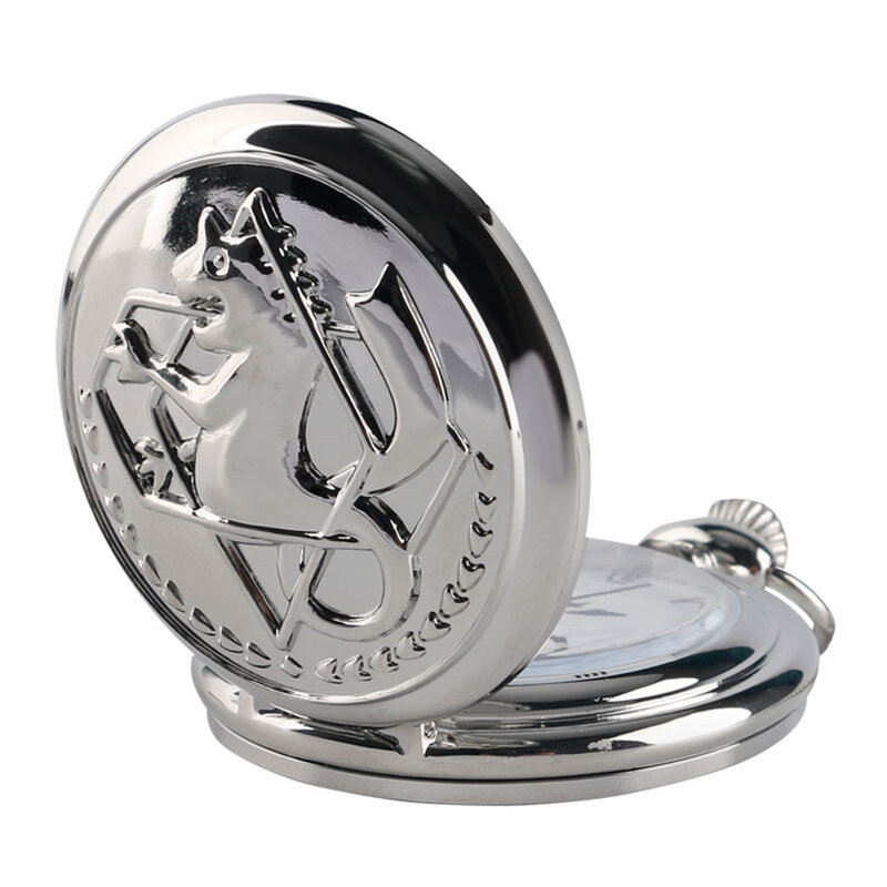 ใหม่ Silver Case Fullmetal Alchemist นาฬิกาพ็อกเก็ตคอสเพลย์ Edward Elric ขนาดใหญ่ Chain อะนิเมะของขวัญขายส่งราคา P423C