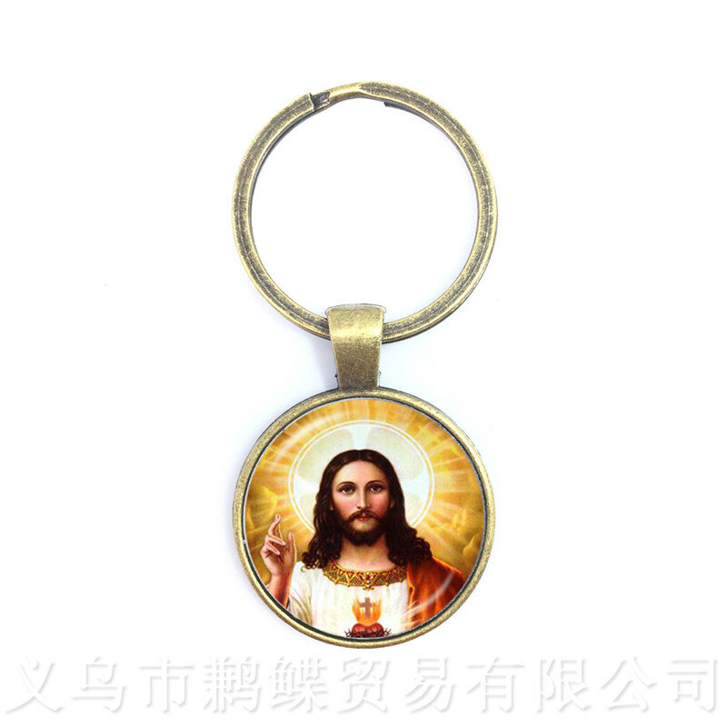 Chaveiro sagrado de jesus com pingente de coração de medalhão, chaveiro masculino e feminino, banhado a bronze, anel para fotos de jesus, joias com pingente de vidro
