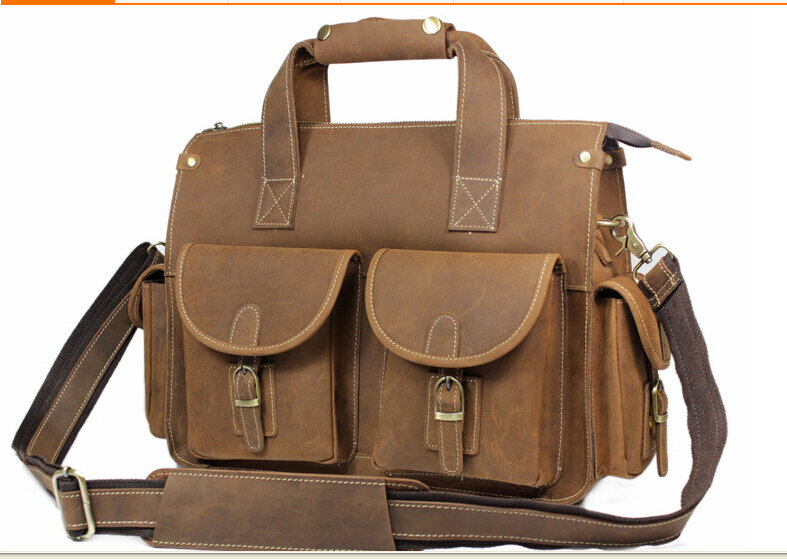 2016 Thời Trang Cổ Điển Genuine Leather Nam Túi, crazy horse leather bags briefcase túi xách nam businesslaptop túi, vàng nâu