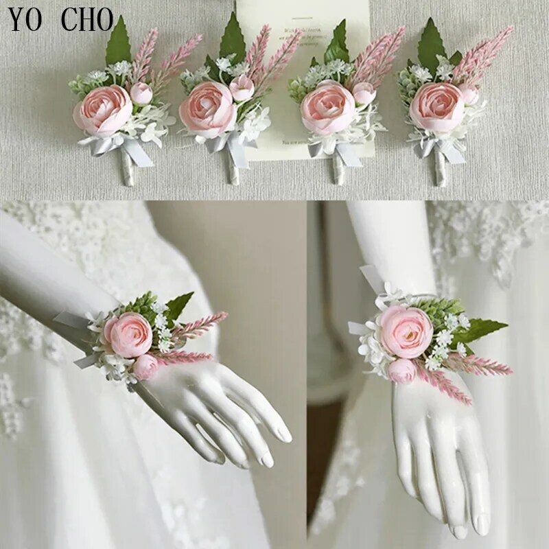 Yo Cho Bride Pernikahan Pergelangan Tangan Korsase Groom Boutonniere Pink Buatan Sutra Rose Bunga Gelang Prom Pertemuan Partai Korsase Dekorasi
