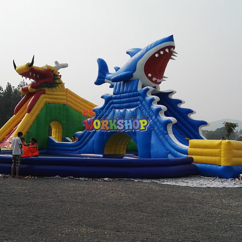 Parque aquático inflável exterior, anime móvel, Funtastic Funcity, dragão e tubarão, feriados de verão