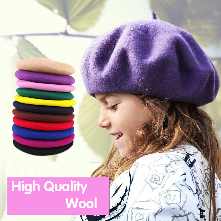 Anak-anak Baret Wol Murni Kualitas Tinggi Mode Anak Perempuan Topi Musim Dingin Warna Solid Gaya Inggris untuk Anak Laki-laki Topi Datar Anak Perempuan Baret Bayi Topi