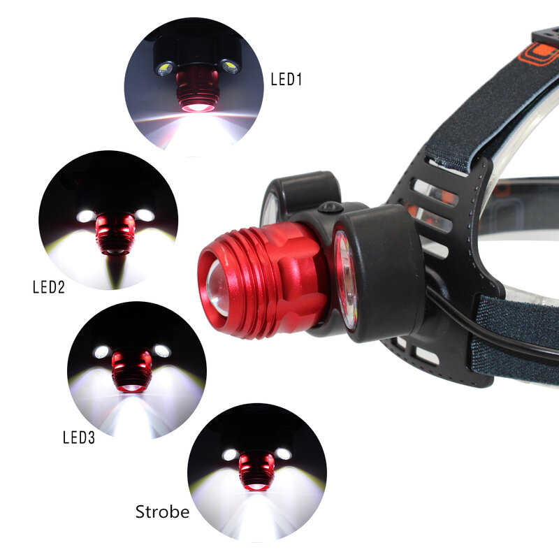Lampe frontale à LED T6 COB, Zoom, 4 modes d'éclairage, pour chasse, pêche, batterie 18650, chargeur