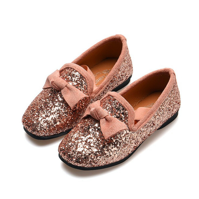 Leather Shoes For Girls With Bow Knot Flats Slip on Bling Loafers Glitter Children Kids Shoes Princess Shoes 3-11 years Old