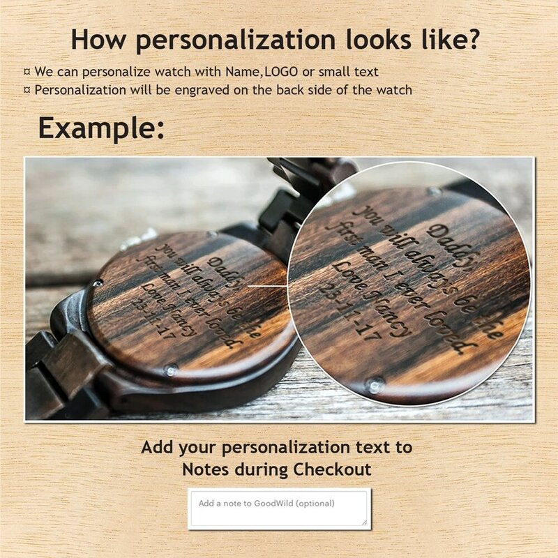Diseño de personalidad logotipo escribir tu mensaje grabado personalizar sándalo negro reloj de madera de impresión láser contiene relojes regalos