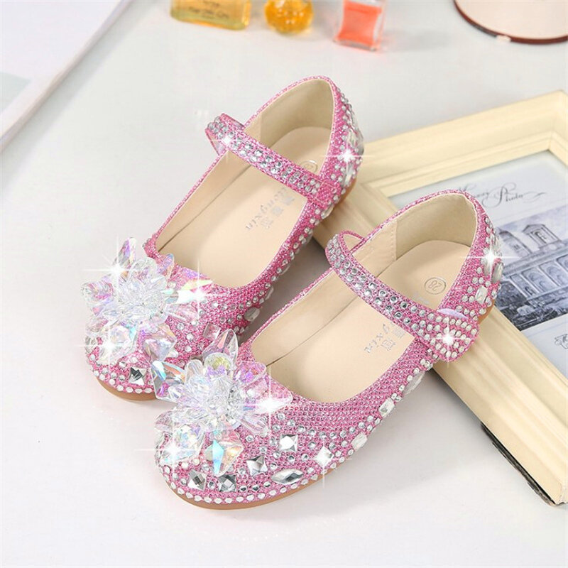 Girls Crystal Glitter Diamonds Bling Flats Children PU Leather Sequin Toddler/Little/Big Kid Party Pageant Princess Shoes 22-36#