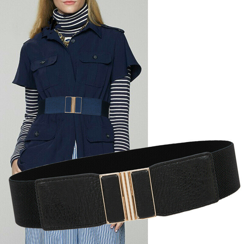 Cinturones de moda simples de 5CM de ancho para mujer, Material de cuero PU, hebillas Vintage de hilo elástico alto, 2 tamaños, pretina de color sólido