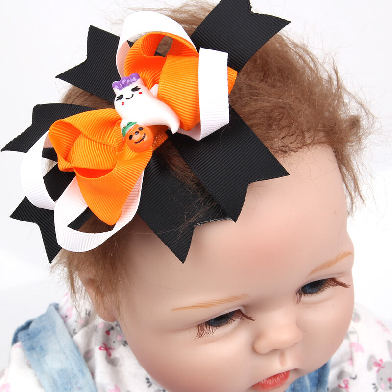 Halloween spider web dots printed grosgrain ribbon swallow tail layers bow with cute crab accessories