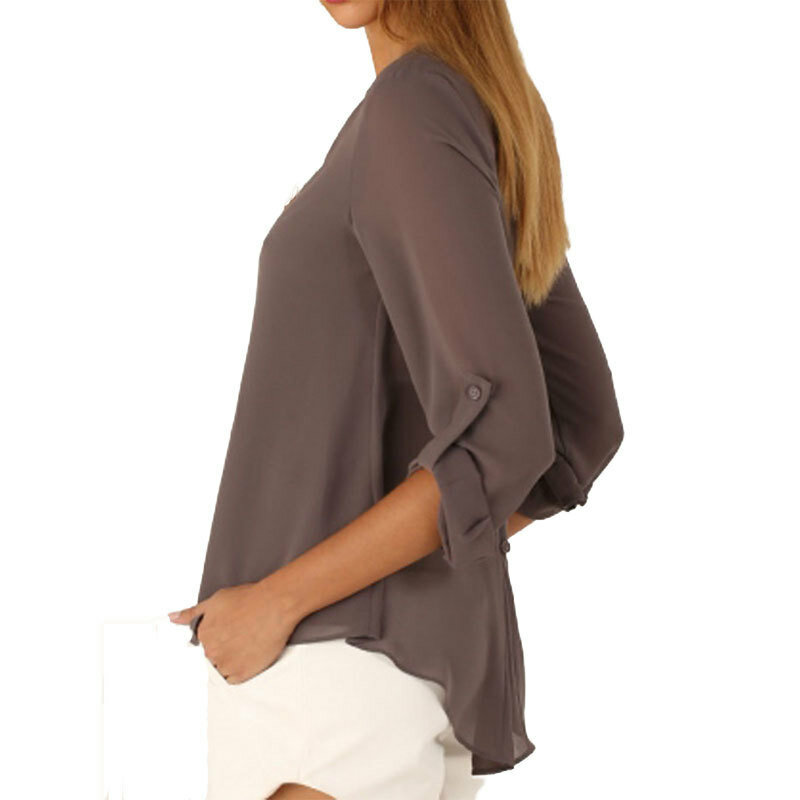Женская однотонная блузка, топы с v-образным вырезом, винтажная весенне-осенняя рубашка, одежда, повседневная шифоновая блуза с расклешенным рукавом, Blusa