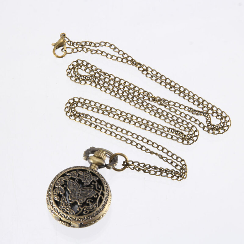 Vintage Pocket Watch Bronze Color Quartz Watch Cool Chain Hollow Butterfly Tree Watches LL@17