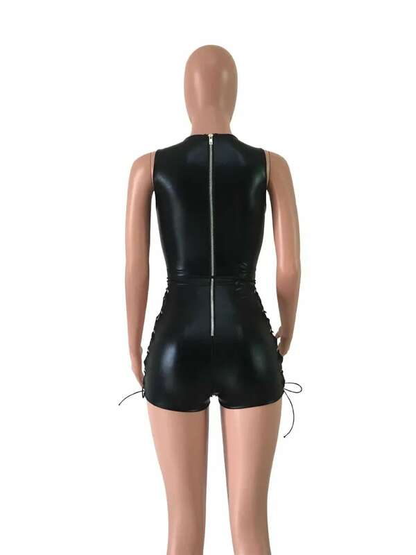 Sexy Club Bandage Bodysuits Women V-Neck Lace Up Hollow Out Clubwear Skinny Black Leather Jumpsuit Shorts Playsuits Combinaison