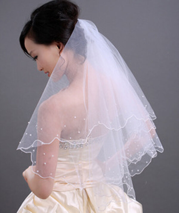NEW Beaded One Layer Tulle  Brial Veil White Fingertip Wedding Veils