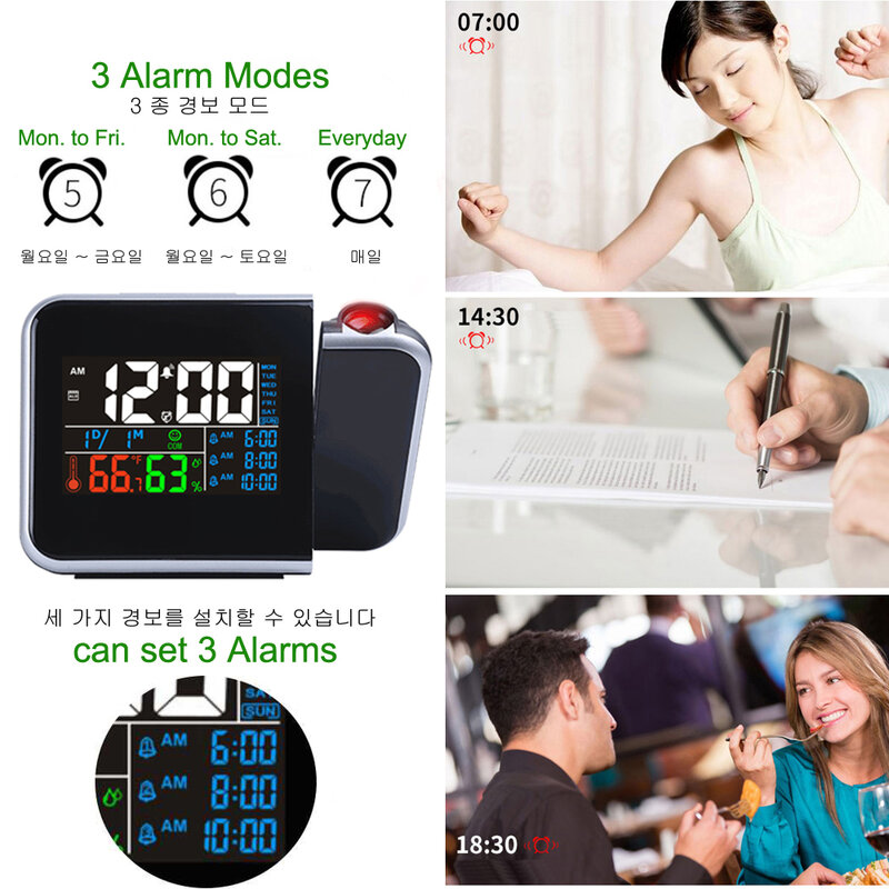 Gift Idea-reloj despertador Digital LED colorido, termómetro de temperatura, higrómetro de humedad, proyector de tiempo de escritorio, calendario