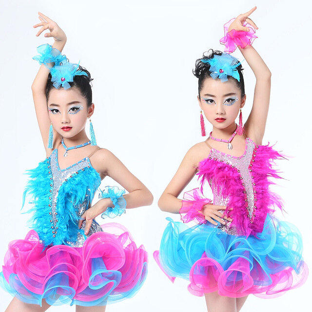 Roupa de dança jazz infantil feminina, traje infantil moderno de dança festa latina com lantejoulas vestido tutu para meninas