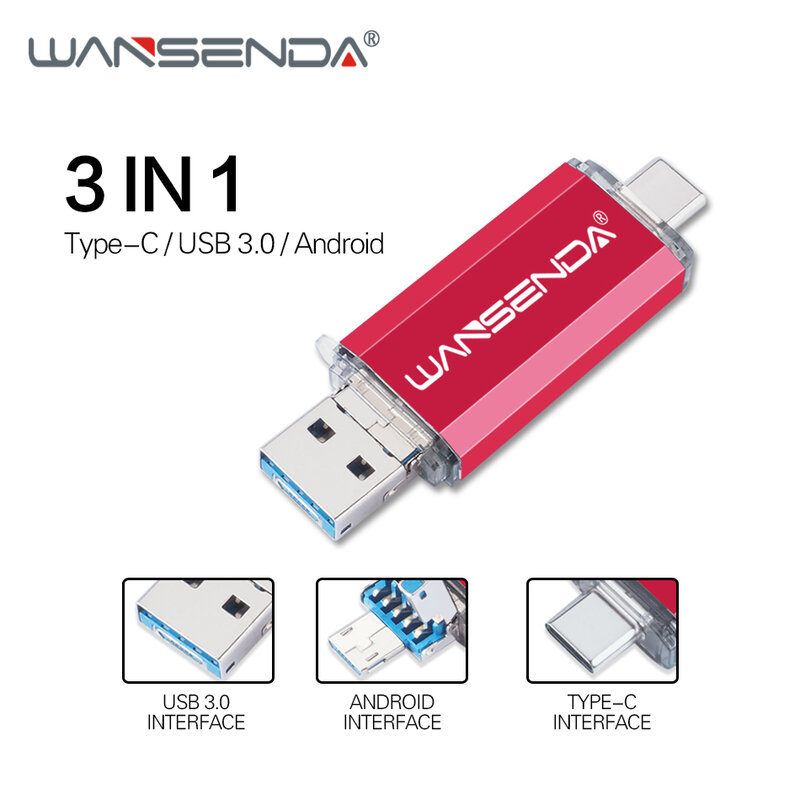 Wansenda-OTG USB Flash Drives, Pen Drive, USB 3.0, Tipo-C, Micro USB, 512GB, 256GB, 128GB, 64GB, 32GB, 16GB, 3 em 1