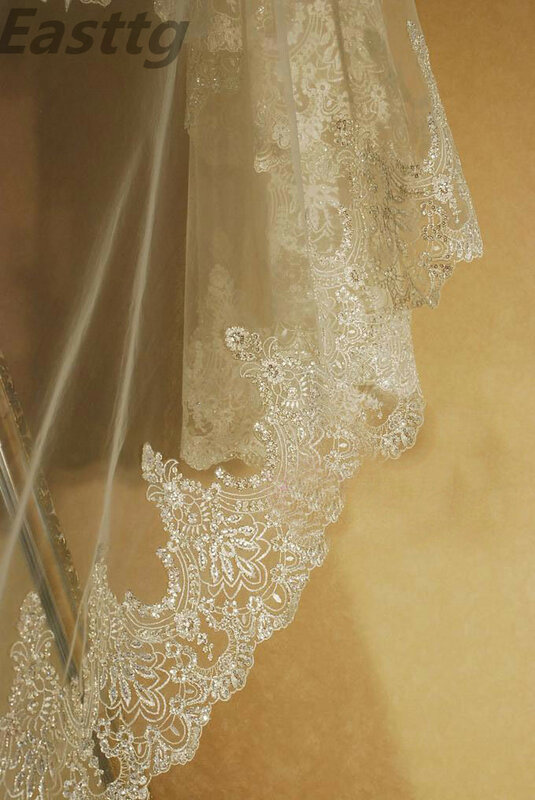 Velo da sposa bianco/avorio scintillante 3M 1T con pettine in metallo Mantilla in pizzo veli da sposa accessori da sposa Veu De Noiva