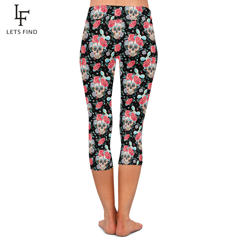 LETSFIND – Leggings Sexy taille haute pour femmes, imprimé tête de mort et fleurs, Fitness, mi-mollet, confortable, Capri, 3/4