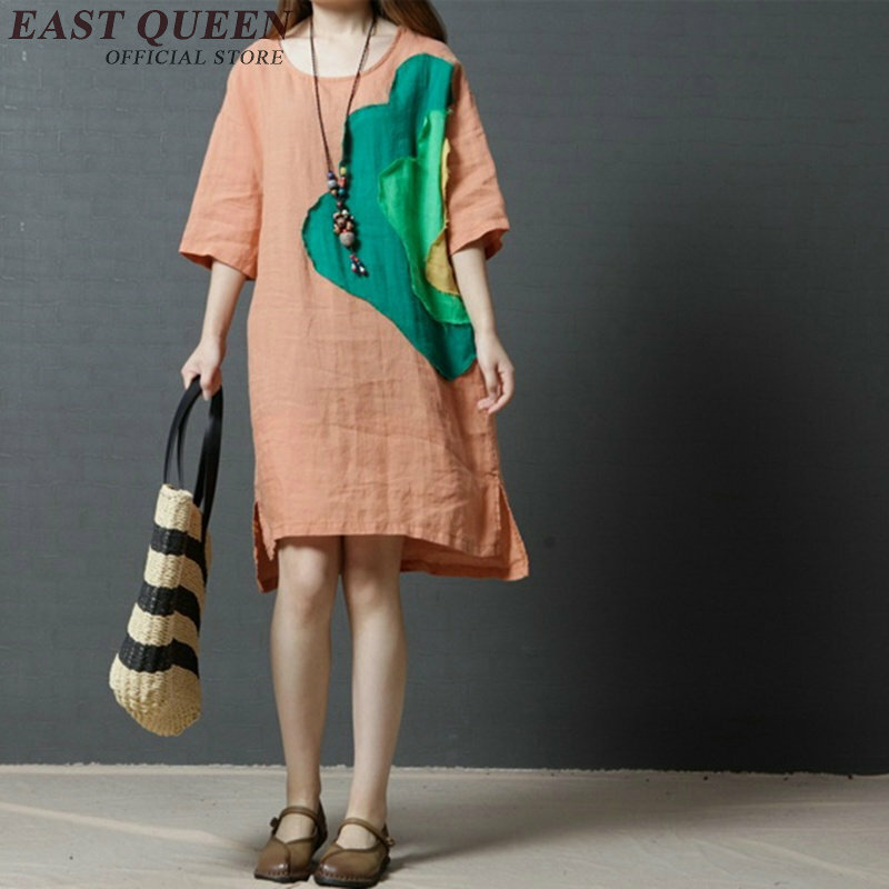 Vestido oriental Chino de lino para mujer, ropa de algodón y lino con cuello redondo, art deco, NN0725 CQ, verano, 2018