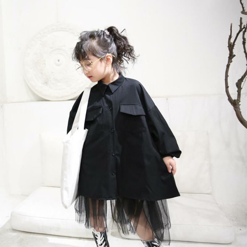 Vestido camisero de retales para niña, ropa de bebé grande, estilo coreano, malla dulce, color negro, primavera y otoño, 2019, ws314