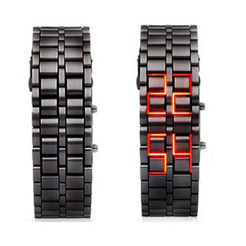 Fashion Black Full Metal Digital Lava Wrist Watch Iron Metal Red LED Samurai for Men Boy Sport Simple Wathes
